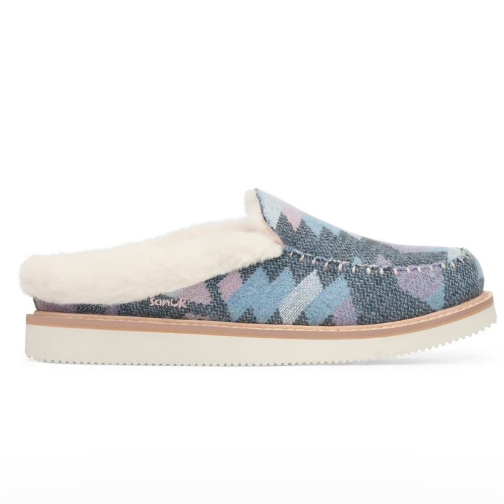 Sanuk Women's Blue Patterned Shearling-Lined Slide Mule